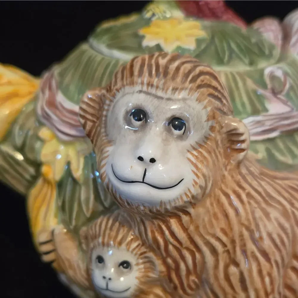 Vintage Monkey & Parrot Ceramic Teapot Jungle Spree Majolica Style Glazed
